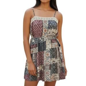 Earthbound Patchwork Open Back Boho Mini Dress Large Festival Folk Prairie
